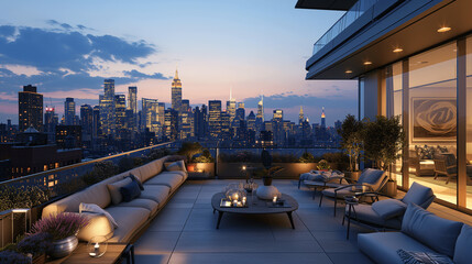 Modern Rooftop Terrace Overlooking Dusk Cityscape