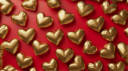 Obraz premium Gold chocolate hearts on red background