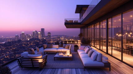 Elegant Penthouse Terrace Overlooking Cityscape at Dusk