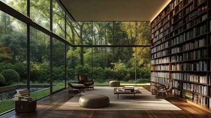 Modern Home Library with Panoramic Forest View