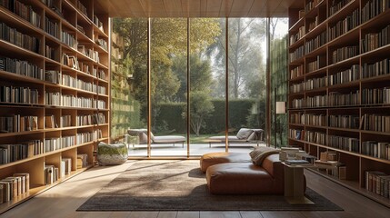 Modern Home Library with Expansive Glass Walls and Forest View