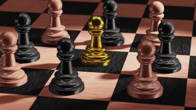 Realistic 3D animation of the chess pawn made of gold on a chessboard surrounded by other black and white pawns rendered in UHD