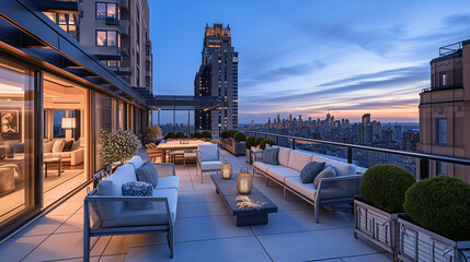 Luxurious Rooftop Terrace Overlooking Cityscape at Dusk