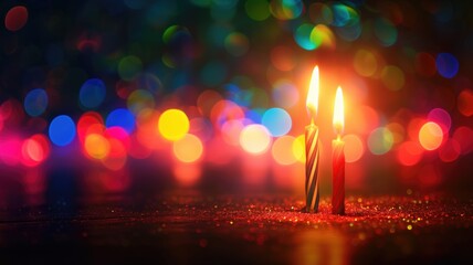 Two candles burning brightly with colorful bokeh lights in the background