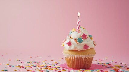 A cupcake with a lit candle and colorful sprinkles on a pink background