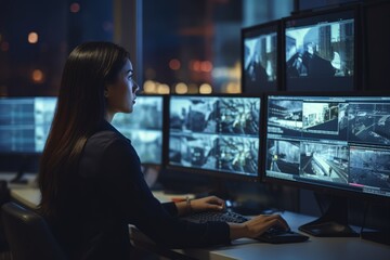 A dedicated female security camera operator vigilantly monitoring multiple screens in a high-tech surveillance room, embodying strength and focus