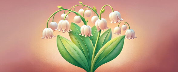 Lily of the valley. Pink gradient spring background. White spring, lily of the valley 3D object. Spring, nature concept. Suitable for posters, wallpapers, greeting cards. Generative AI.
