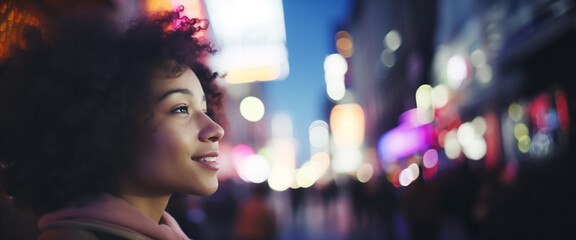 Ritratto di una giovane sorridente ragazza afro americana in una città piena di luci di notte