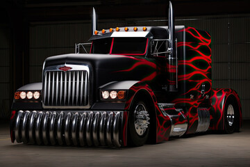 Customized Semi Truck with Flame Design Parked in Garage