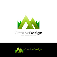Mountain logo and ribbon design combination, green color, M logos