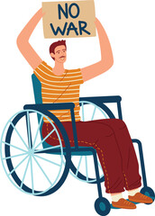 Young adult male in a wheelchair holding a sign that says 'NO WAR' with a smile. Peaceful protest, disability inclusion, activism, vector illustration.