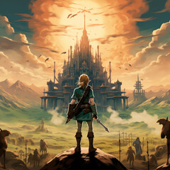 Link At Hyrule Castle - Zelda Tears of The Kingdom - obrazy, fototapety, plakaty