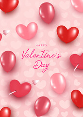 Valentine's Day poster template with pink and red balloons, heart arrow and pink heart background. 3d realistic vector illustration romantic banner, web poster. Social media, website, sale, discount