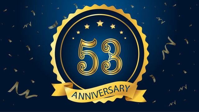 Celebrate the 53th anniversary with gold letters, gold ribbons and confetti on a dark blue background	
