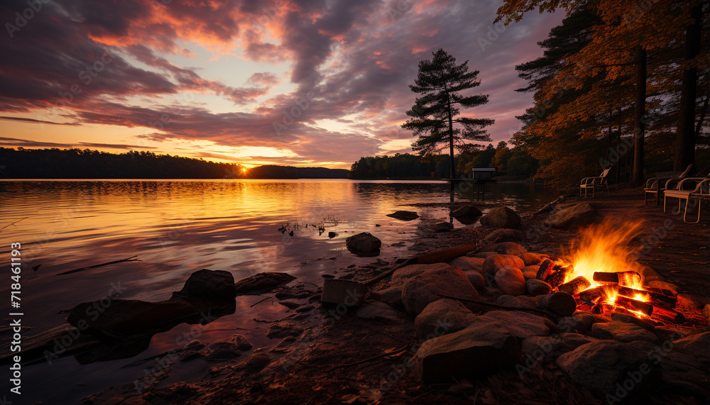 Canvas Prints Tranquil scene of a sunset over a mountain, reflecting in water generated by AI