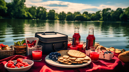 Obraz premium Summer Picnic in the Park: Basket with Fresh Food and Wine on Grass, Relaxing Outdoor Meal in Nature