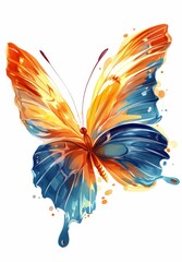Bright butterfly with orange and blue watercolor wings