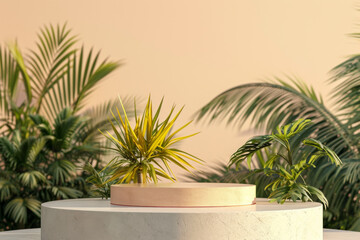 Fototapeta premium Table top podium stage stand on tropical palm tree background for product placement 3d render