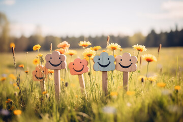 Colorful smileys in a spring field of flowers - obrazy, fototapety, plakaty