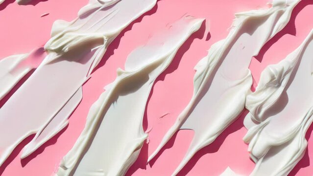 White cream randomly spread on a pink background, evoking use as a texture for beauty and cosmetics

