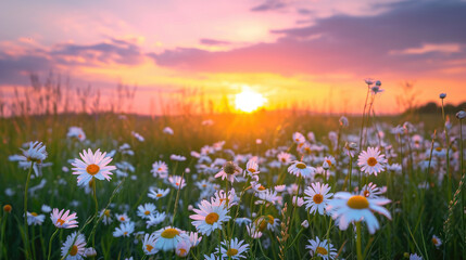 Tranquil sunset over a field of wild daisies with a beautiful sky