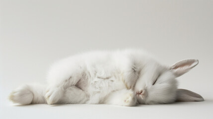 adorable fluffy bunny sleeping on a white background  - obrazy, fototapety, plakaty