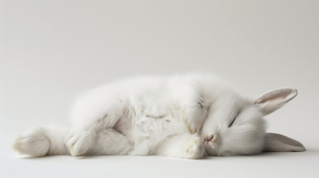 adorable fluffy bunny sleeping on a white background 
