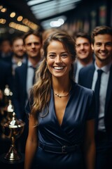 Fototapeta premium Company awards ceremony with winners holding trophies and smiling, Generative AI