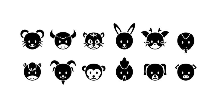 Set of Animals Head Glyph Icon. Chinese Zodiac Vector Illustration.