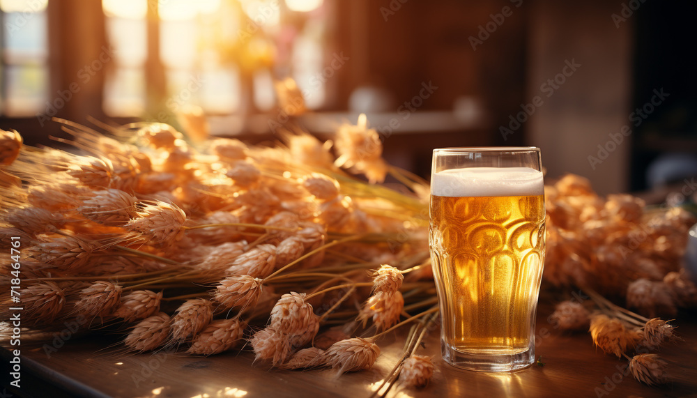 Poster Freshness in a glass, celebrating autumn with golden beer generative AI