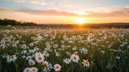 Fototapeta premium Tranquil sunset over a field of wild daisies with a beautiful sky