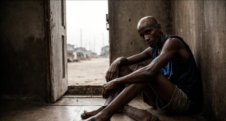 impoverished, skinny black man in a fishing village in Africa, possibly Somali, highlighting the economic challenges and hardships faced by individuals in such communities. - obrazy, fototapety, plakaty