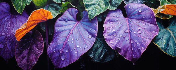 Illustration of green and purple leaves on a black background. generative AI