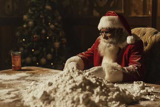 Santa Claus, sitting at a table with mounds of white powder, vintage style photograph