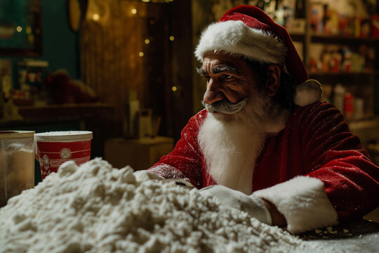 Santa Claus, sitting at a table with mounds of white powder, vintage style photograph