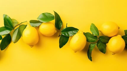 Several Lemons decorated with green leaves next to them In the photo on a yellow Background. generative AI