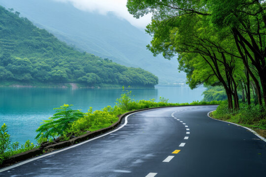 Asphalt road and mountain with lake natural scenery in Hangzhou China. 