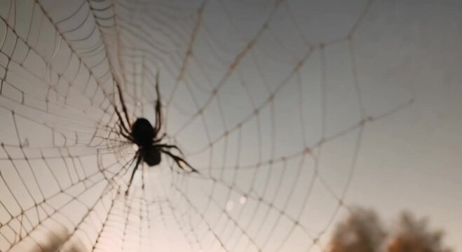 close-up view of cobwebs and hanging spiders