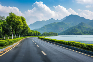 Asphalt road and mountain with lake natural scenery in Hangzhou China. 