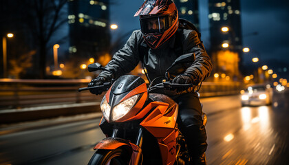 Fototapeta na wymiar Men riding motorcycles at night, blurred motion, city life, transportation generated by AI
