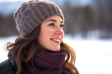 Attractive young woman outdoors in winter wearing tuque and scarf.
