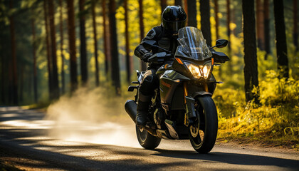 Fototapeta premium Men riding motorcycles in the forest, experiencing the freedom of nature generated by AI
