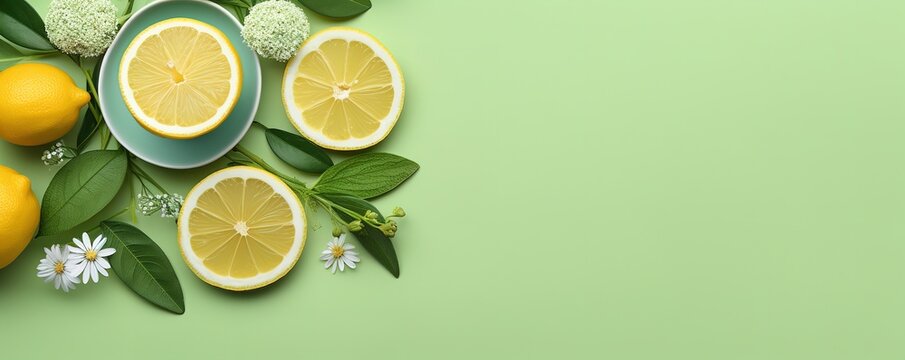 Fresh lemon slices in the photo on a green background. generative AI