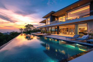 a luxurious house with a large pool at sunset