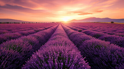Fototapeta premium Vast lavender fields with orange and purple sky at sunset