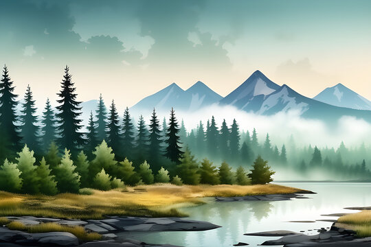 Watercolour in landscape: mountain scenery in the woods in fog, isolated watercolour illustrations generative ai
