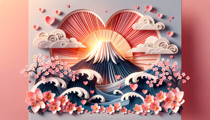 A paper art creation depicting a romantic sunrise over Mount Fuji with cherry blossoms, it elegantly combines traditional Japanese aesthetics with a touch of love. AI Generated.