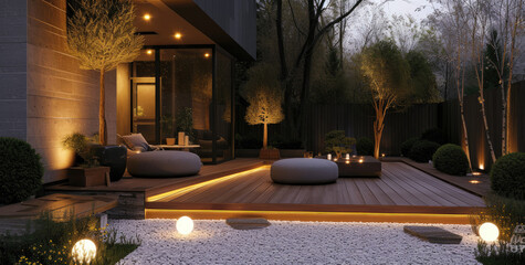 a modern outdoor space with lighting and decking - obrazy, fototapety, plakaty