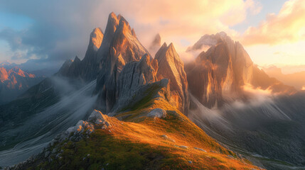 Naklejka premium Panorama of towering mountain peaks with the warm golden light of the rising sun