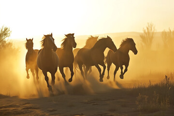 Fototapeta na wymiar Herd of horses galloping on the field.